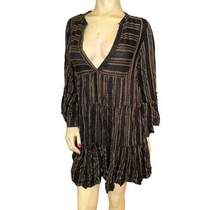Elan Women's Black & Gold Puff Sleeve tiered boho Mini Dress